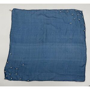 Vintage Medium Blue Scarf With Faux Pearls & Hand Rolled Edges 16 inch